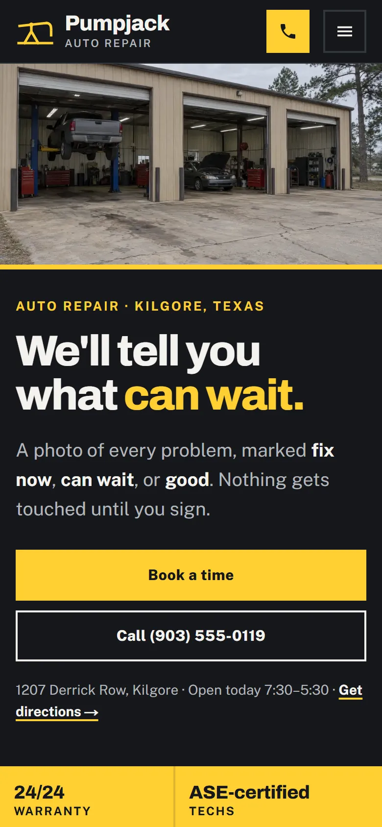 Sample auto shops and detailers website on a phone