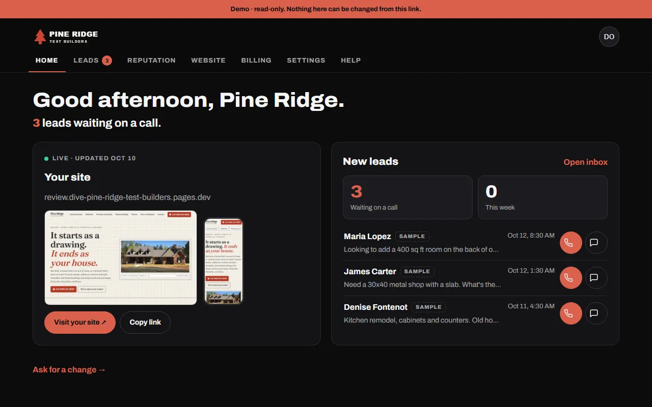 A DIVE client home dashboard with a lead inbox