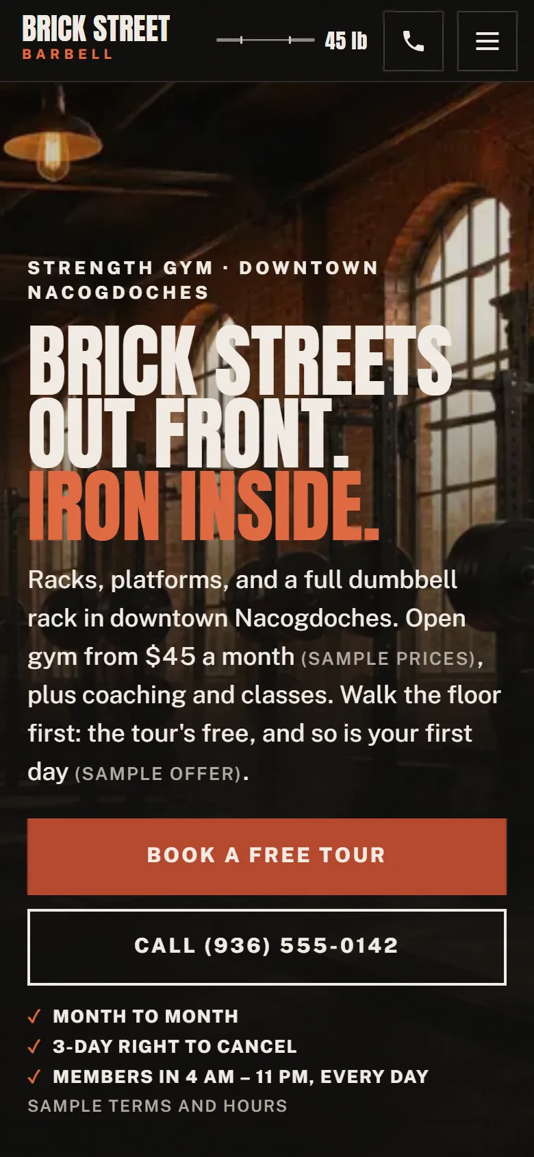 Sample gyms and trainers website on a phone