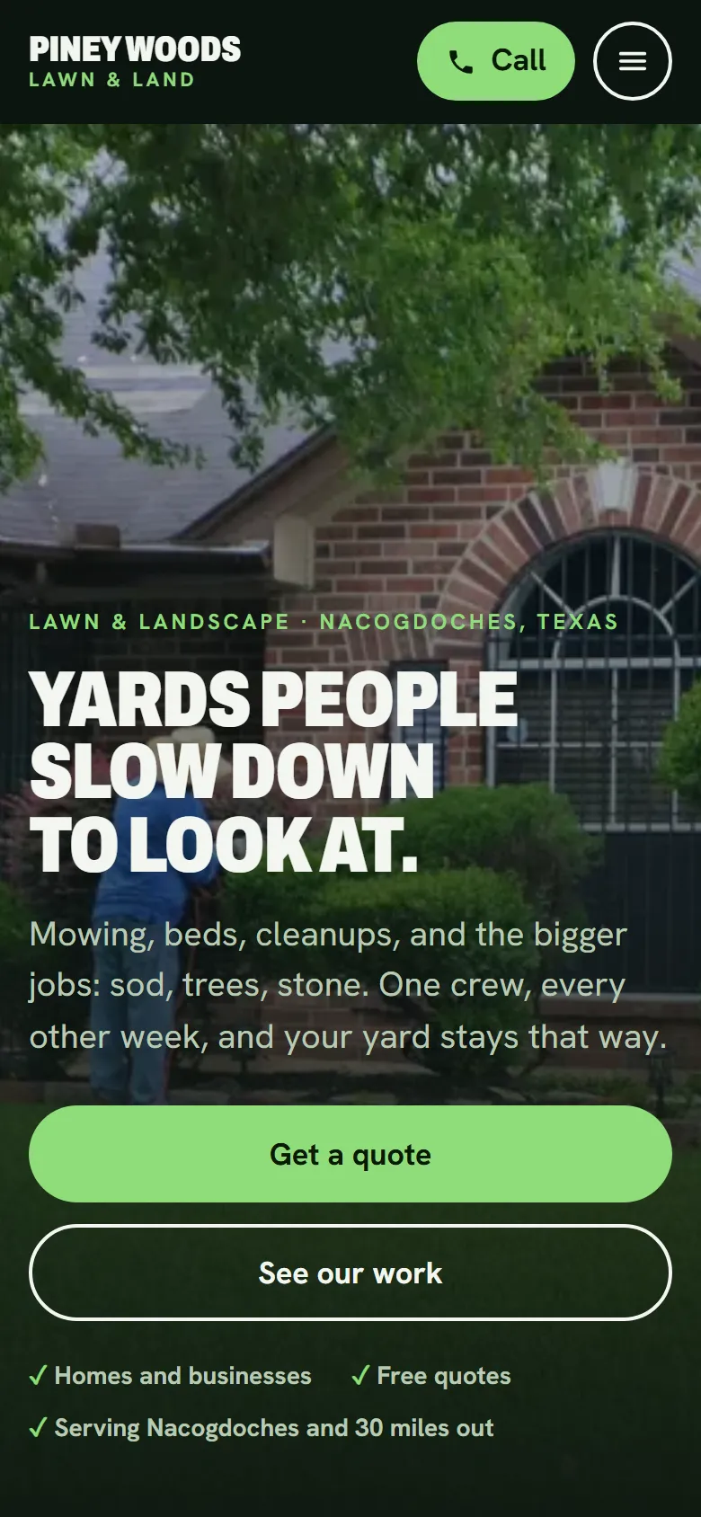 Sample landscaping website on a phone